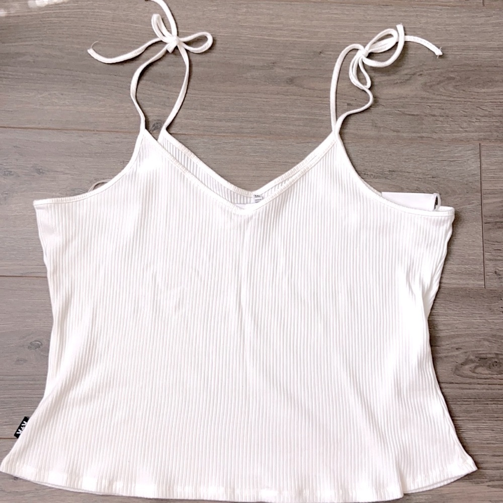KENDALL and KYLIE RIBBED WHITE CAMI TANK TOP STRING SHOULDER TIE